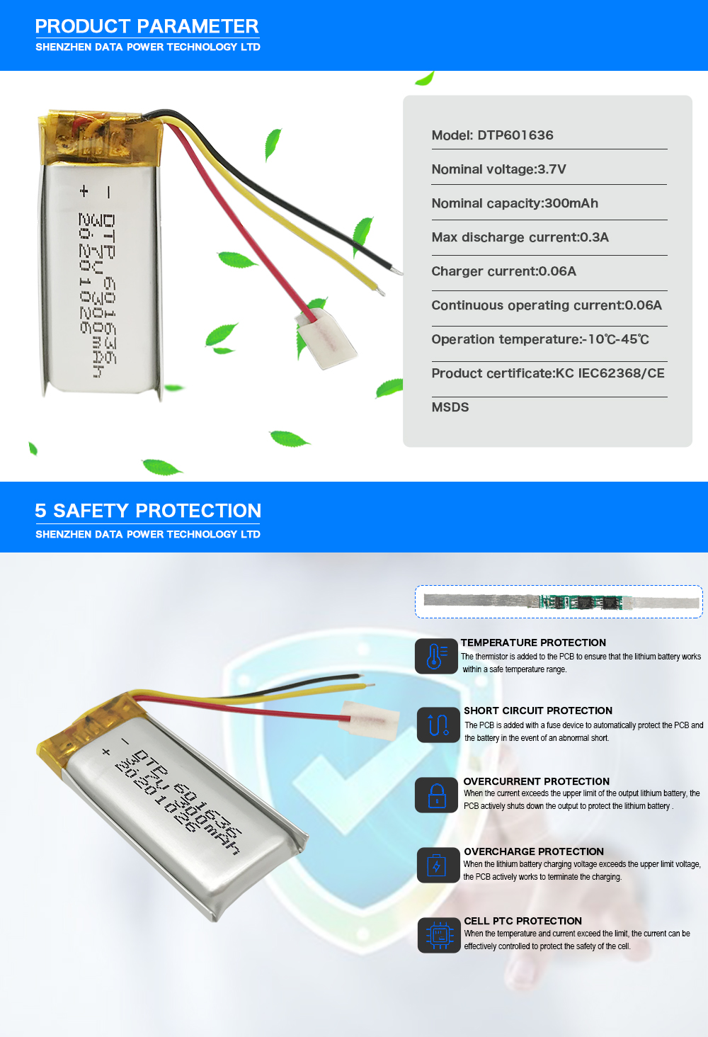 DTP601636 6*16*36mm 3.7V 300mAh Lithium Ion Polymer Battery for Bluetooth Ear Buds