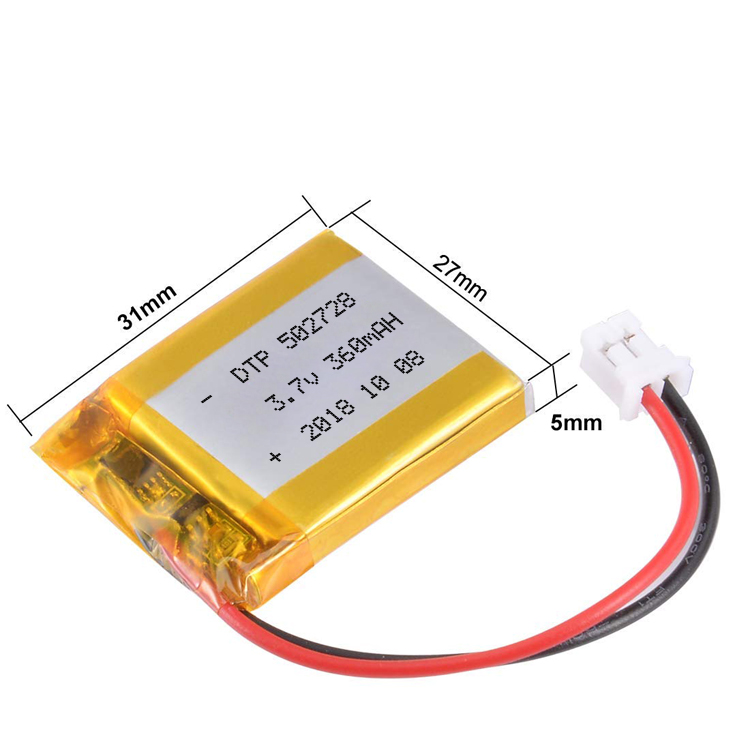 DTP502728 3.7V 360mAh Li Polymer Battery with Protection Circuit and JST Connector