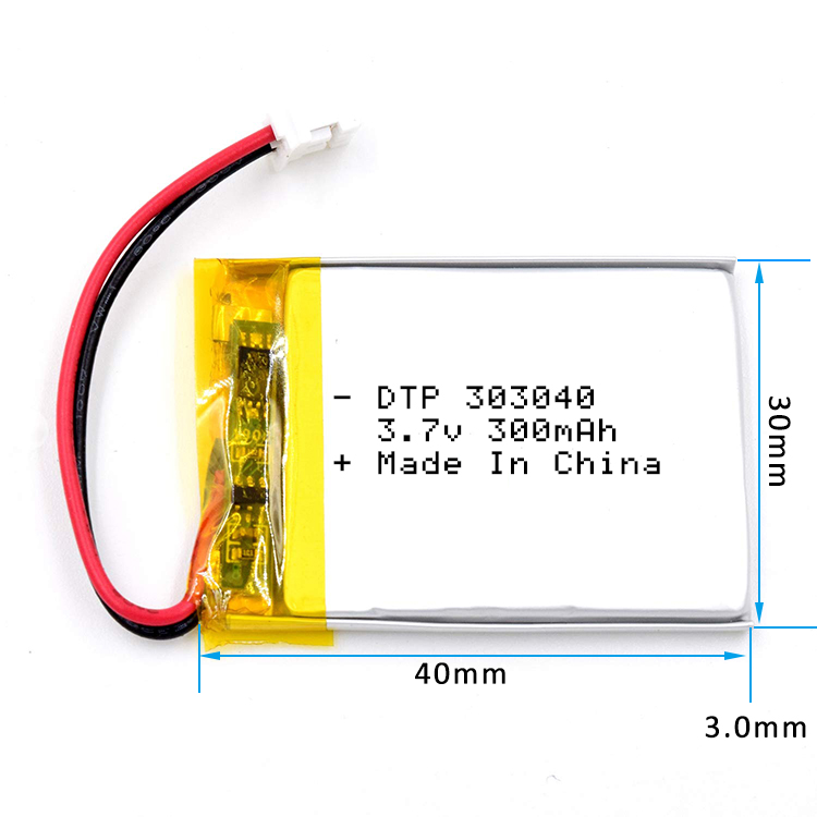 DTP303040 3*30*40mm 3.7V 300mAh Li-ion Polymer Battery with JST PH2.0 Connector