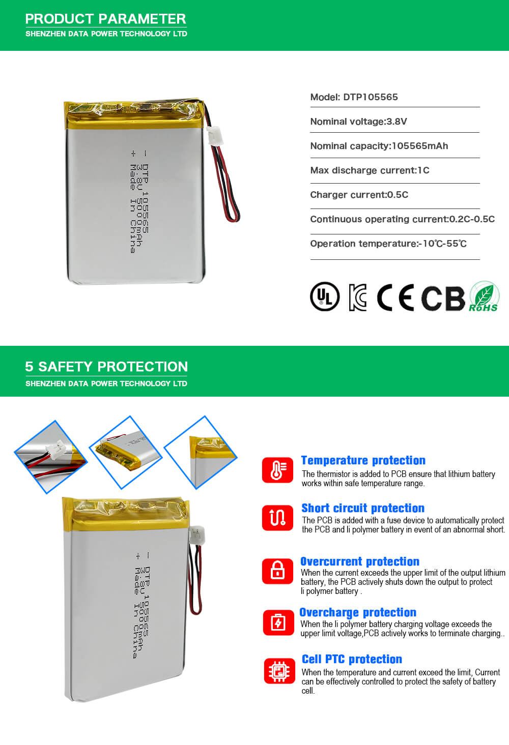 High capacity DTP105565 3.7V 4200mAh rechargeable lipo battery for electronic product