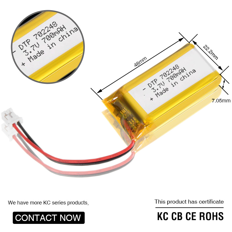 Hot sale KC lithium battery DTP702248 3.7V 700mAh rechargeable lipo battery
