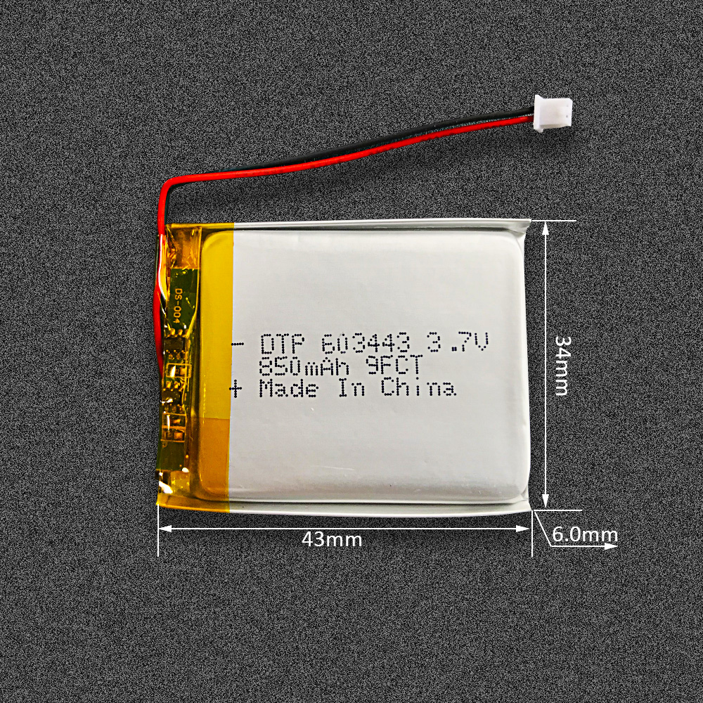 Rectangular DTP603443 rechargeable li-ion 3.7v 850mah lithium-ion battery with UN38.3 certificate