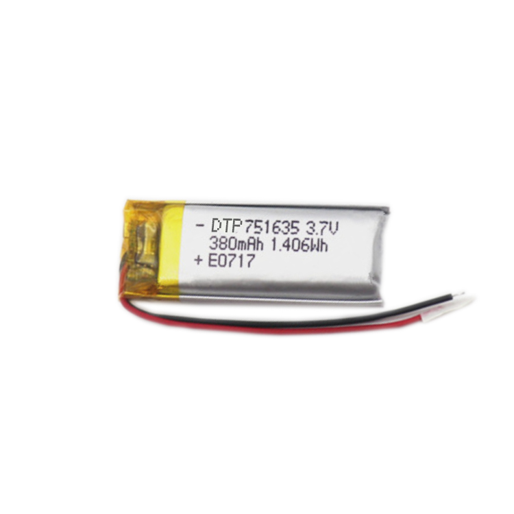 Small rechargeable lipo battery 751635 3.7v 380mah lithium polymer battery for smart watch GPS